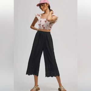 Anthropologie Black Cropped Eyelet Wide-Leg Pants